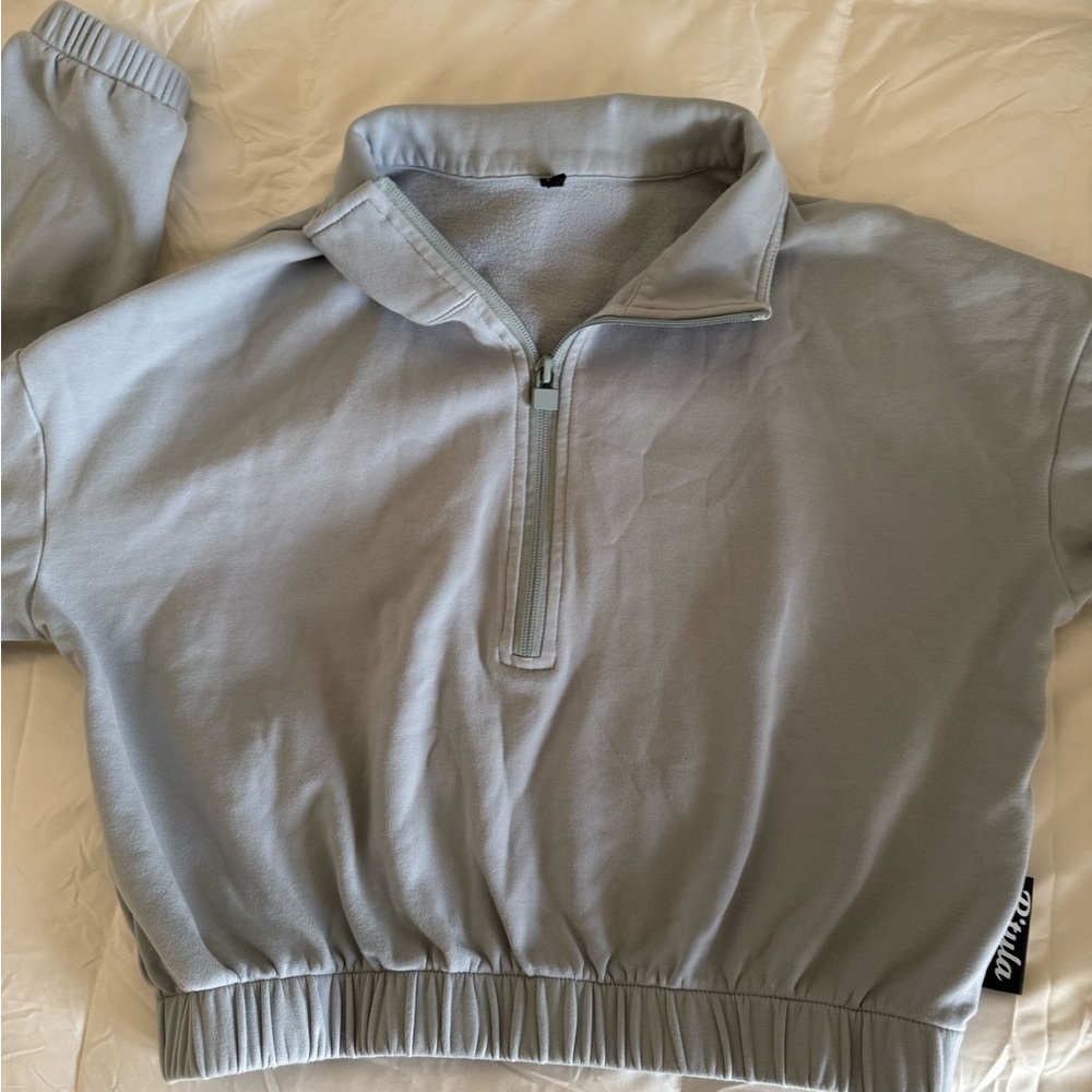 P'tula Mara Scrunch Cropped Light Blue Half-Zip Sweatshirt